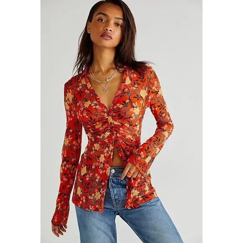 Free People Lucky Shirtee Orange Ruched Floral Long Sleeve But - NA
